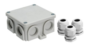 Puszka natynkowa, materiał-bakelit, kolor RAL7035, IP54, 500V, 7 wyjść, 3 dławiki PG16 K76/3PG16