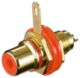 Gniazdo cinch do montażu w obudowie z izolacją i przyłączem lutowanym - Wersja kolorystyczna Czerwony