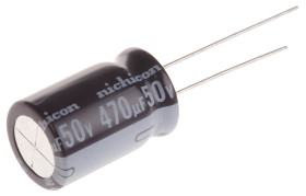 Kondensator 470μF 50V dc Radialny, Otwór przelotowy Nichicon roztaw: 5mm 12.5 (Dia.) x 20mm