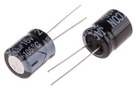 Kondensator 2200μF 16V dc Radialny, Otwór przelotowy RS PRO roztaw: 5mm 13 (Dia.) x 16mm