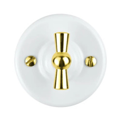 Włącznik światła schodowy obrotowy z ramką, ceramiczny, montaż natynkowy, kolor biały, złote pokrętło Ceramic Loft