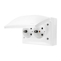 Simon Aquaclick Gniazdo IP44, Schuko, podwójne kompaktowe, klapka w kolorze, z przesł. torów prąd. biały ACGSZ2Z/11