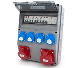 Rozdzielnica budowlana 32A/5 + 16A/5 + 4*GS 230V + zabezpieczenia + różnicówka, obudowa naścienna, okienko 12M, 12NO42C11C11CF