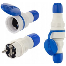 Zestaw przyłączeniowy EXTREM szaro-niebieski Wtyk + Gniazdo prądowe z klapką 230V 16A [2P+Z] IP54