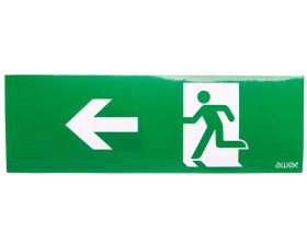 Piktogram PM24 100x300 strzałka lewo człowiek w drzwiach logo awex (ISO7010)