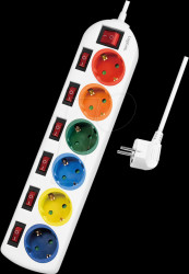 LPS259 Socket outlet, six sockets, 1.5 m, with 7 switches, multi-colour