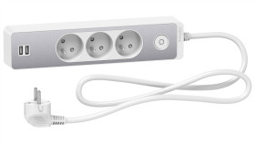 Odace Przedłużacz 3 Gniazdowy Z Łącznikiem 2X Usb, 1,5M Biały+Szczotkowane...