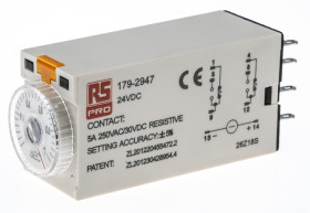 Timer Relay Wciskane 24V dc DPDT 2-stykowy RS PRO DPDT 0.1 → 1s jednofunkcyjny