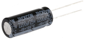 Kondensator 2200μF 25V dc Radialny, Otwór przelotowy RS PRO roztaw: 5mm 10 (Dia.) x 25mm