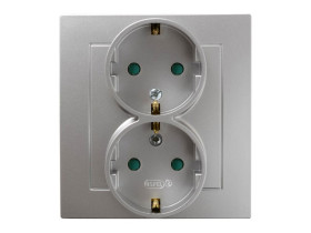 AS Gniazdo podwójne z uziemieniem schuko z ramką z przesłonami srebrne GP-2GSP/18 OSPEL