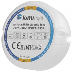 Zasilacz do puszki instalacyjnej, IP67, średnica 55mm, głębokość 22mm, 12V 3A 36W uniwersalny Lumilight
