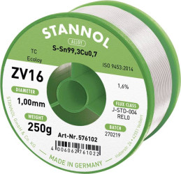 Cyna lutownicza bezołowiowa Stannol ZV16 bezołowiowa Sn99,3Cu0,7 REL0 250 g 1 mm