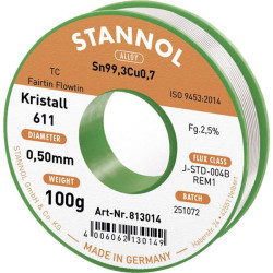 Stannol 813014 Kristall 611 Solder Lead-Free Sn99.3Cu0.7 0.5mm 100g