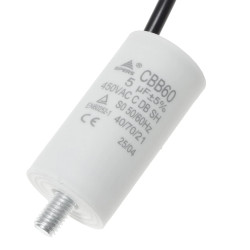 Kondensator rozruchowy do silnika 5uF 450VAC, przewody 15cm, 30x57mm