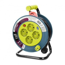 Przedłużacz bębnowy MINI, 4 gniazda 2P+Z, metalowy stojak, polwinit H05VV-F 3x1mm2, długość 15m, limonkowy OR-AE-1339/L(GS)