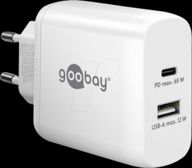 65410 USB charger, 65 W, 1x USB-A, 1x USB-C (PD), GaN, white