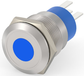Vandal-proof pushbutton, 1 pole, silver, illuminated  (blue), 5 A/250 VAC, mounting Ø 19.18 mm, IP67, 1-2213765-9