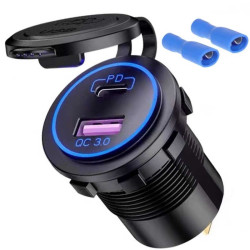 Gniazdo 2x USB USB-C panelowe samochodowe niebieskie przetwornica QC 3.0 + PD 12V-24V