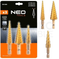 Zestaw 3 wierteł stopniowych HSS TiN 3-20mm NEO TOOLS 08-948