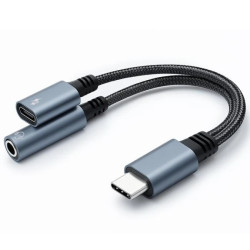 Qoltec Adapter przejściówka 2w1 USB-C USB-C Jack 3.5mm PD 15W 10cm Aluminium
