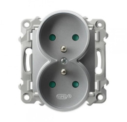 SZAFIR Gniazdo podwójne z uziemieniem z przesłonami torów prądowych, moduł bez ramki srebrny GP-2ZRZP/m/18