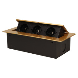 Gniazdo meblowe wpuszczane w blat z płaskim. frezowanym rantem. 3x2P+Z. złote OR-AE-1336/C