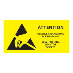 Etykieta bezpieczeństwa Żółty opis Uwaga tekst Attention, Observe Precautions For Handling. Electrostatic Sensitive