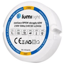 Zasilacz do puszki instalacyjnej, IP67, średnica 55mm, głębokość 22mm, 24V 2,5A 60W uniwersalny Lumilight