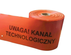 Taśma pomarańczowa, 20cm/0,3mm z perf. otworami. nadruk UWAGA KANAŁ TECHNOLOGICZNY 100m TO-TPn/30/20