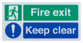 Znak wyjścia, Polipropylenowe, Niebieski/zielony/biały, Fire Exit, Keep Clear, Angielski, Opis: Nie zastawiać