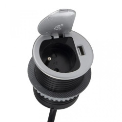 Gniazdo meblowe na 1 gniazdo 2P+Z 16A 230V + 1x USB 2,4A okrągły wpuszczany w blat SINGLE BOX 1,8m srebrny