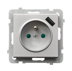 SONATA Gniazdo pojedyncze z uziemieniem z przesłonami torów prądowych, z ładowarką USB A+C srebro mat GP-1RZPUSBAC/m/38