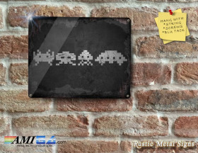 Rustic Space Invaders Icons on- Retro - Metal Sign