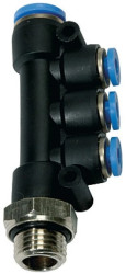Rozdzielacz pneumatyczny wtykowy z trzema odejściami G 1/4 GZ, 4x10 mm, tworzywo sztuczne