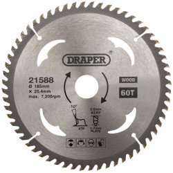 Draper 21588 TCT Circular Saw Blade for Wood, 185 x 25.4mm, 60T