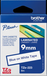 TZE-223 Laminated labelling tape, blue on white, 9 mm