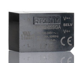 Zasilacz impulsowy nap. wyjściowe: 5V dc 2W 400mA 1 wyjście nap. wejściowe: 100 → 240V ac Do montażu na płytce