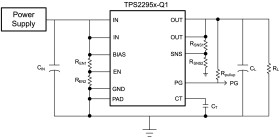 Automotive 5.7-V, 5-A, 14-mΩ load switch with adj. rise time, voltage monitoring