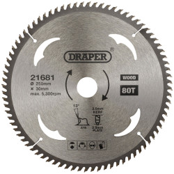 Draper 21681 TCT Circular Saw Blade for Wood, 250 x 30mm, 80T