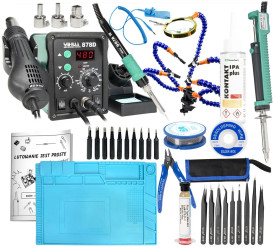Zestaw stacja lutownicza 878D groty cyna topnik odsysacz pincety uchwyt cążki mata opaska IPA plecionka