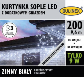 Kurtynka sople 200l z gniazdkiem biały 9,6m 230V/31V 9W IP44 na zewnątrz i do wnętrz 13-574 przeźroczysty przewód