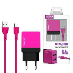 Ładowarka sieciowa 2.1A 2xUSB + przyłącze USB typ C różowa