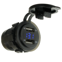 Ładowarka USB 12-24V /5V 1A 2.1A +woltomierz LED BLUE, montażowa klapka
