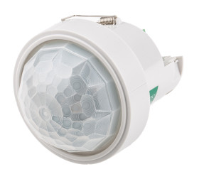 Detektor ruchu PIR o wysokiej czułości, 230 V AC, zasięg 40 m, montaż Sufit, Ø 88mm, Certyfikat CE, EMC-2004/108/WE,