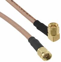 Coaxial cable, SMA plug (angled) to SMA plug (straight), 50 Ω, RG-142, grommet black, 153 mm, 135103-07-06.00