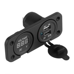 Ładowarka samochodowa 2xUSB do montażu z woltomierzem