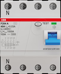 2CSF204123R1400 Fehlerstromschutz-Schalter, Typ A, 40 A, 30 mA, 4 polig