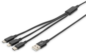 USB charging cable, USB plug type A to USB plug type C/Mini-USB plug type B/Lightning plug, 1 m, black, AK-300160-010-S