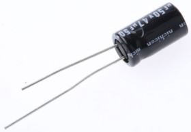 Kondensator 47μF 50V dc Radialny, Otwór przelotowy Nichicon roztaw: 2.5mm 6.3 (Dia.) x 11mm
