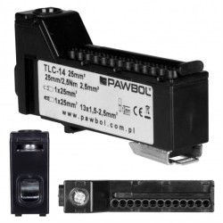 Listwa zaciskowa bezgwintowa LZB czarna 14-torowa 63A na szynę DIN TH35 (1x 25mm2 + 13x 2,5mm2) PAWBOL